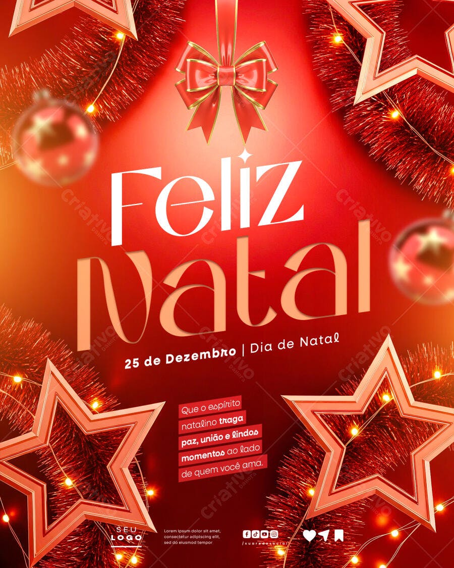 Flyer Feliz Natal com Estrelas e Laço Vermelho PSD Editável