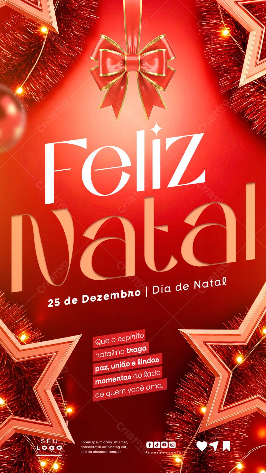 Post Redes Sociais Feliz Natal Laço Vermelho Estrelas Douradas PSD Editável