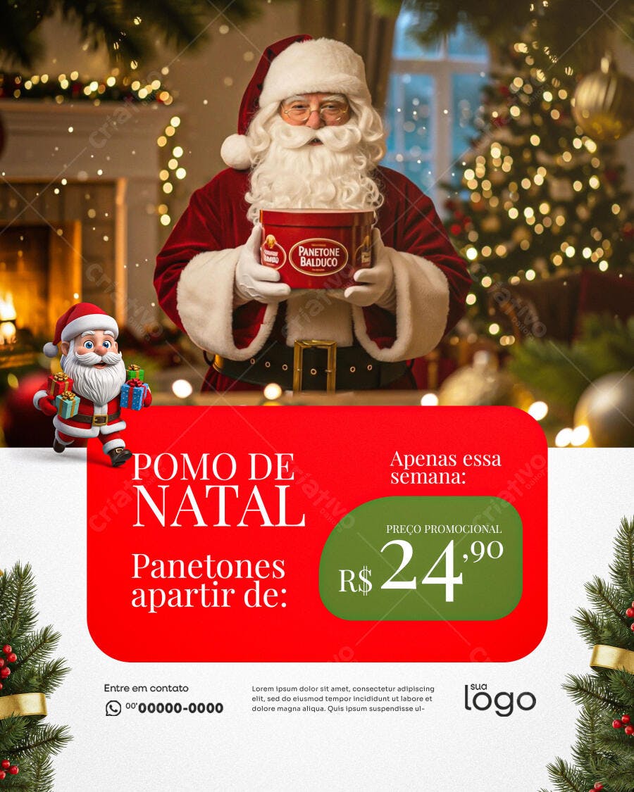 Flyer Promoção de Natal Panetone Balduco Papai Noel PSD Editável