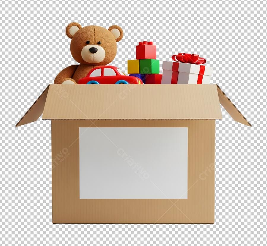 Ilustração 3D Caixa Doação Brinquedos Infantis Presentes Coloridos PNG com fundo transparente