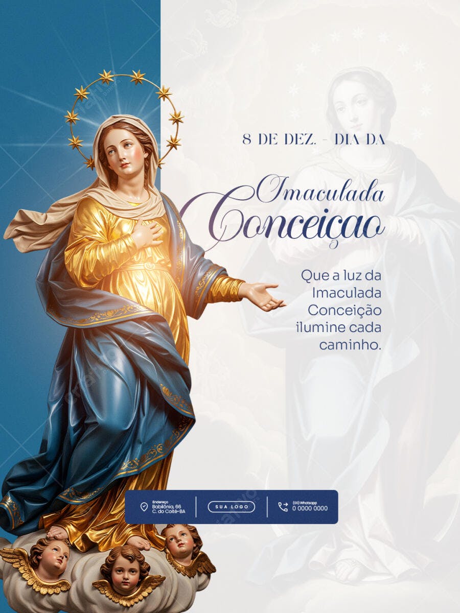 Flyer Católico Imaculada Conceição Virgem Maria Azul Ouro PSD Editável