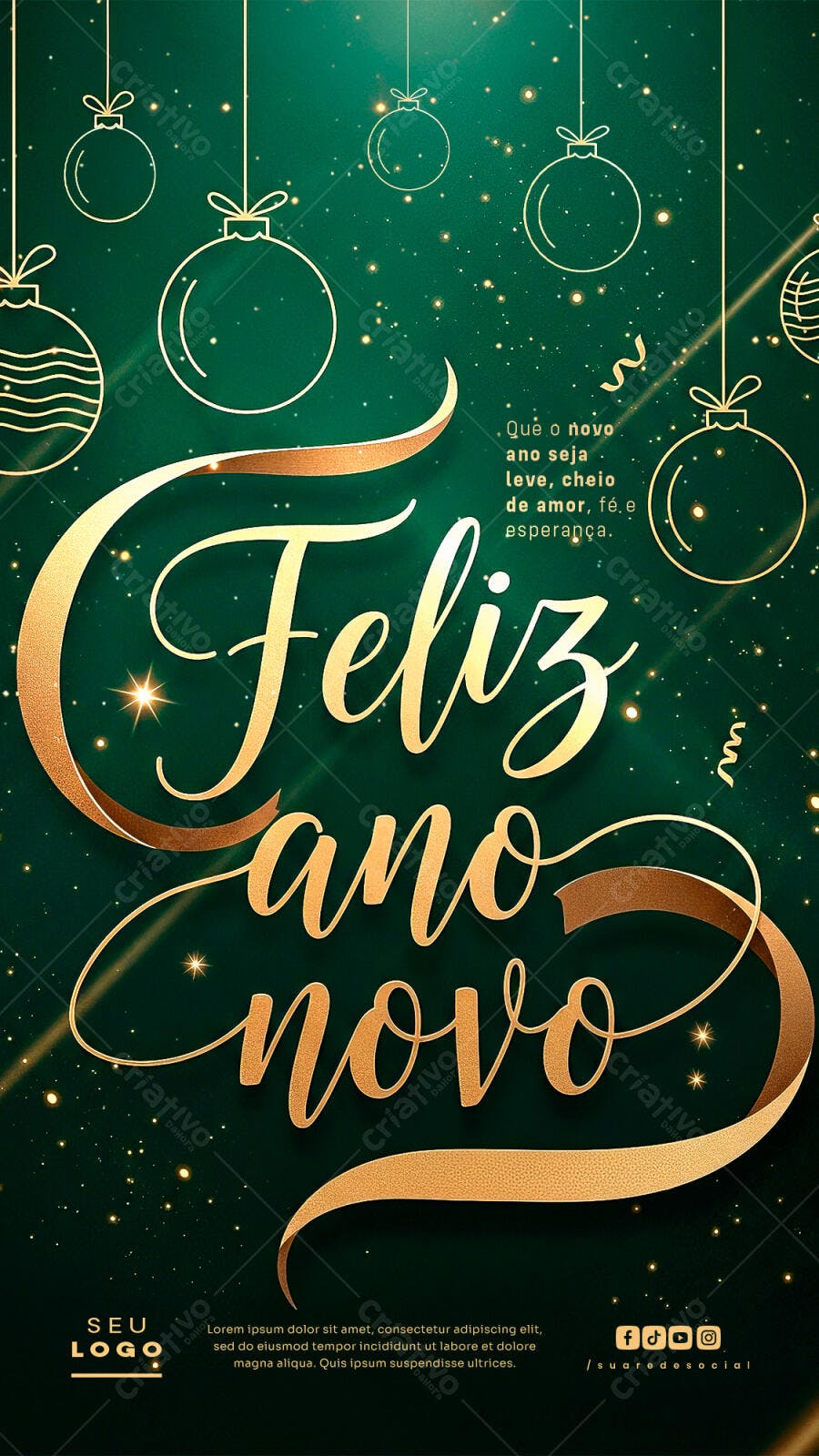 Flyer Feliz Ano Novo Verde Esmeralda Dourado Luxuoso PSD Editável