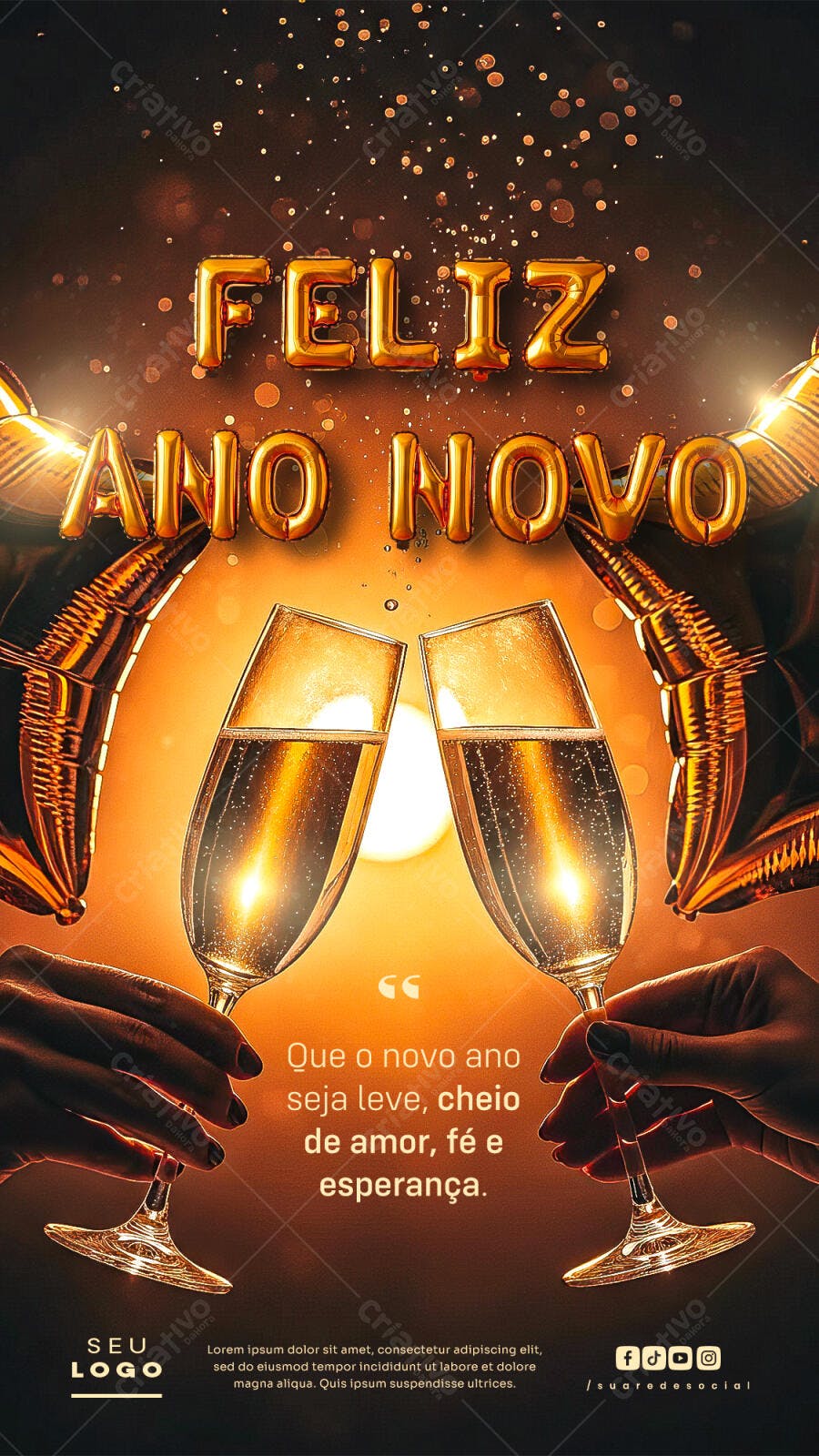 Post de Ano Novo Celebração Champanhe Balões Dourados PSD Editável