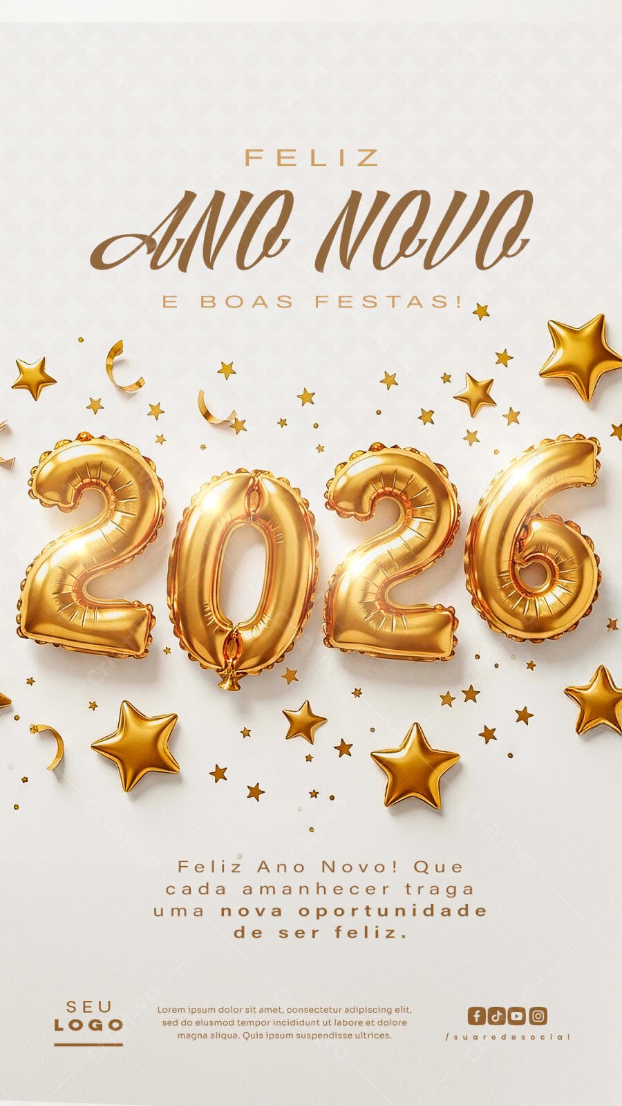 Flyer Feliz Ano Novo 2026 Dourado e Boas Festas PSD Editável