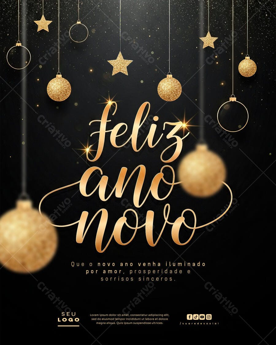 Post de Redes Sociais Feliz Ano Novo Dourado PSD Editável