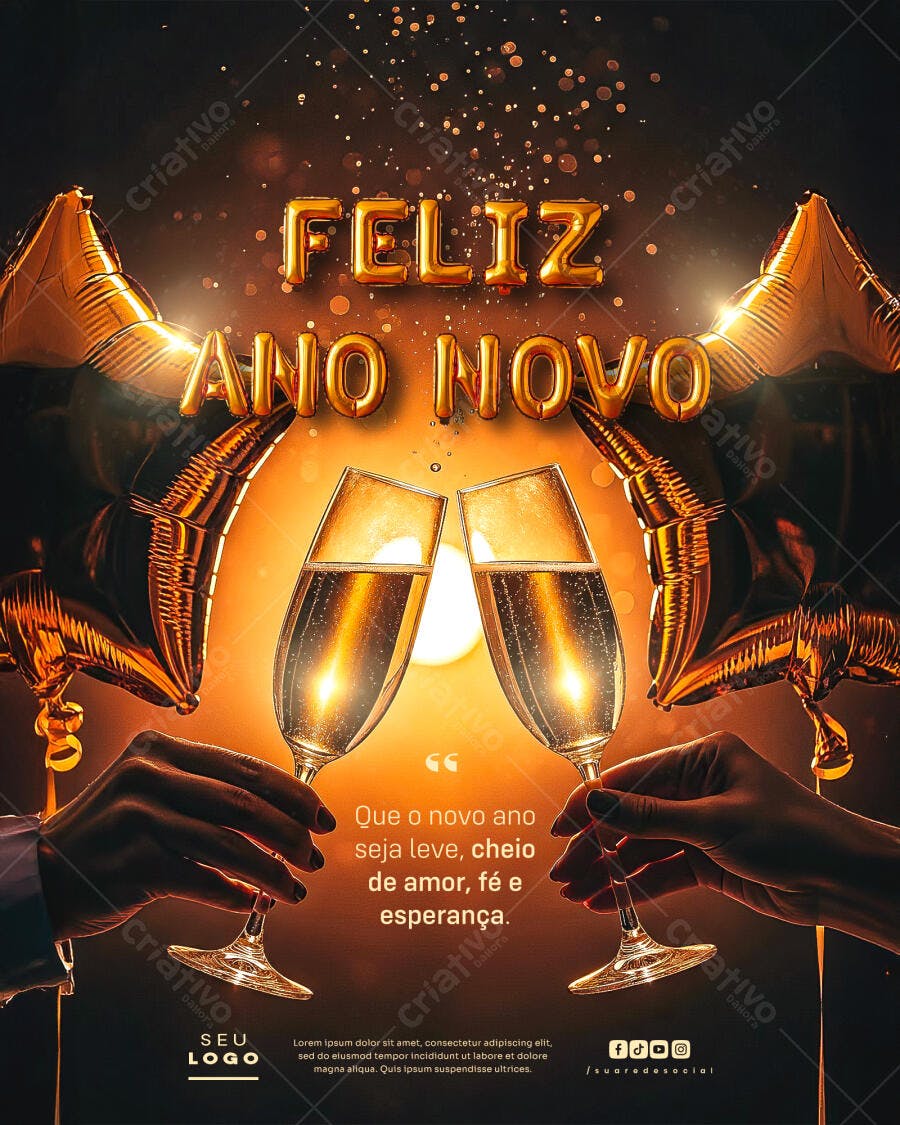 Flyer Feliz Ano Novo Brinde Dourado Champanhe PSD Editável