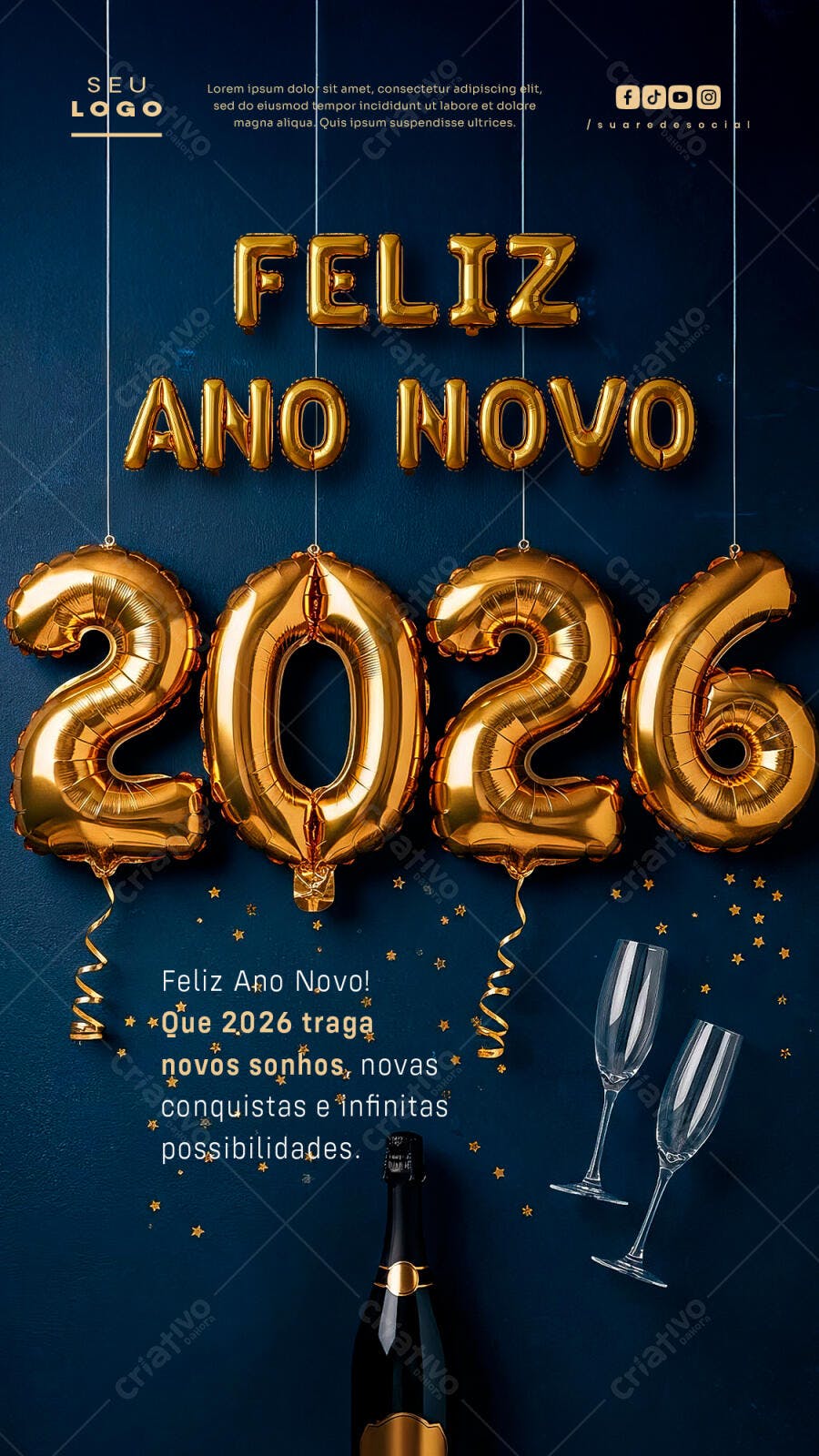 Flyer Feliz Ano Novo 2026 Balões Dourados e Champanhe PSD Editável