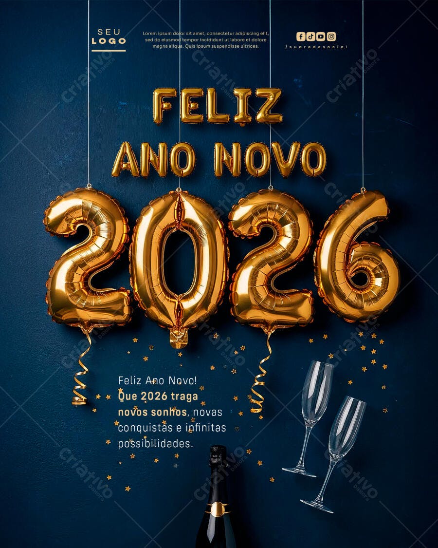 Flyer Feliz Ano Novo 2026 Balões Dourados PSD Editável
