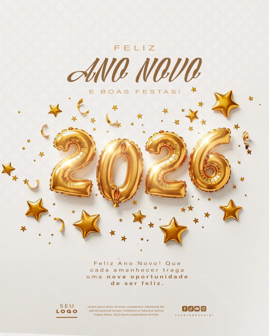 Post Redes Sociais Feliz Ano Novo 2026 Balões Dourados PSD Editável