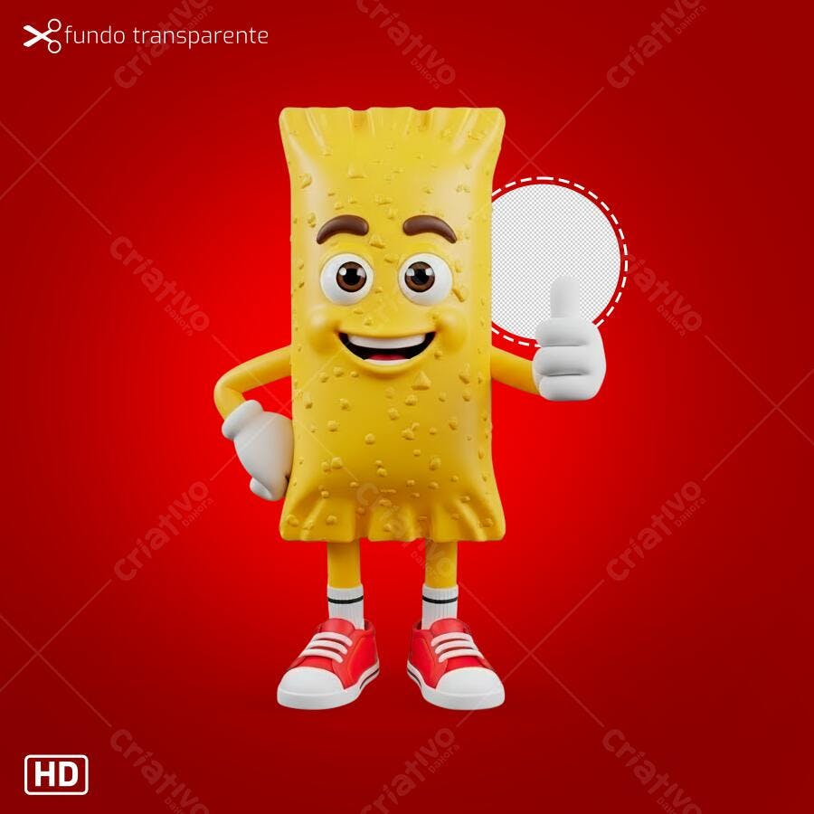 Mascote de comida snack amarelo alegre com polegar para cima PNG com fundo transparente