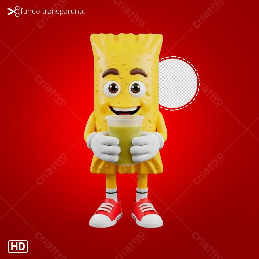 Mascote Pastel Amarelo Bebendo Suco Verde PNG com fundo transparente