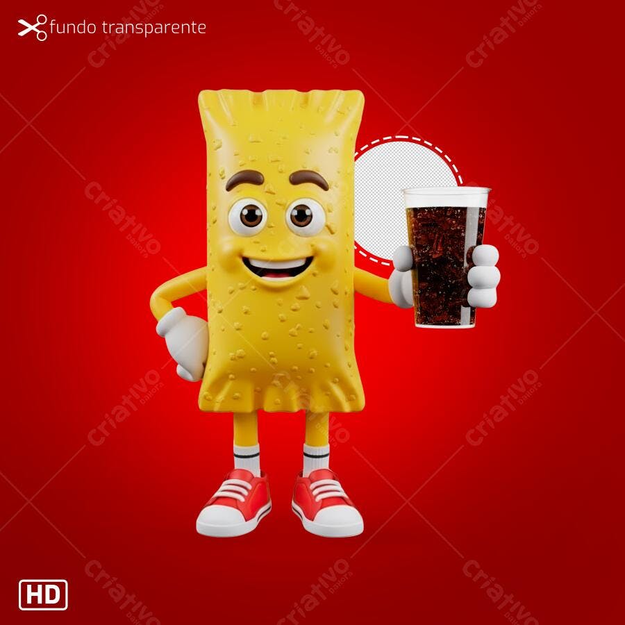 Mascote 3D de Salgado Amarelo Sorrindo com Refrigerante Cola PNG com fundo transparente
