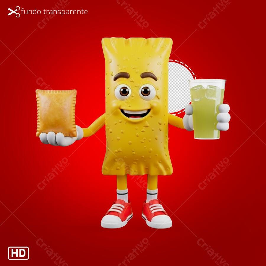 Mascote 3D Pastel Amarelo Feliz com Salgado e Suco Verde PNG com fundo transparente