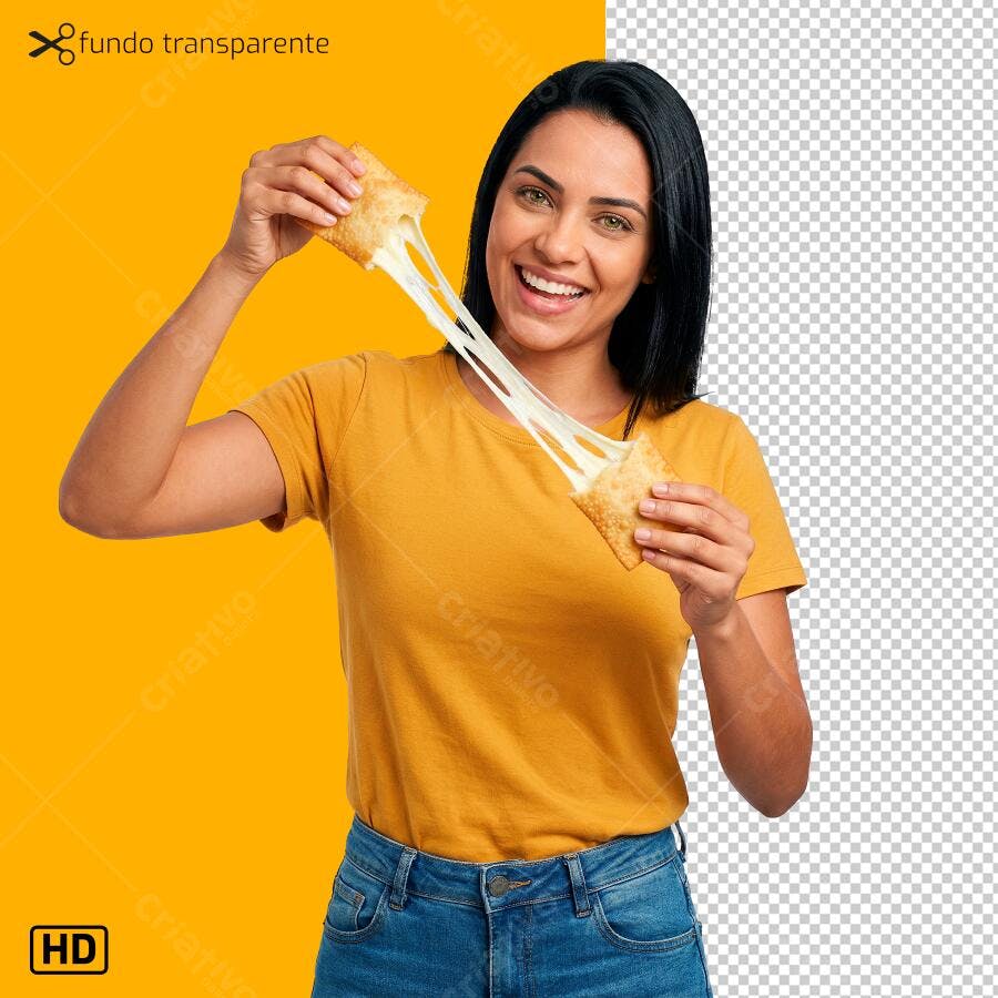 Imagem publicitária mulher feliz com pastel de queijo derretido PNG com fundo transparente