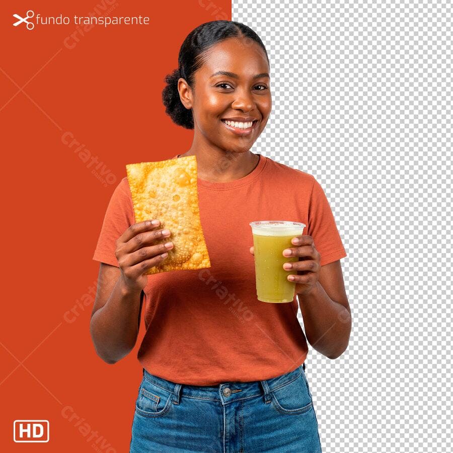 Foto PNG para Social Media Mulher Afro-Brasileira sorrindo com Pastel e Caldo de Cana PNG com fundo transparente