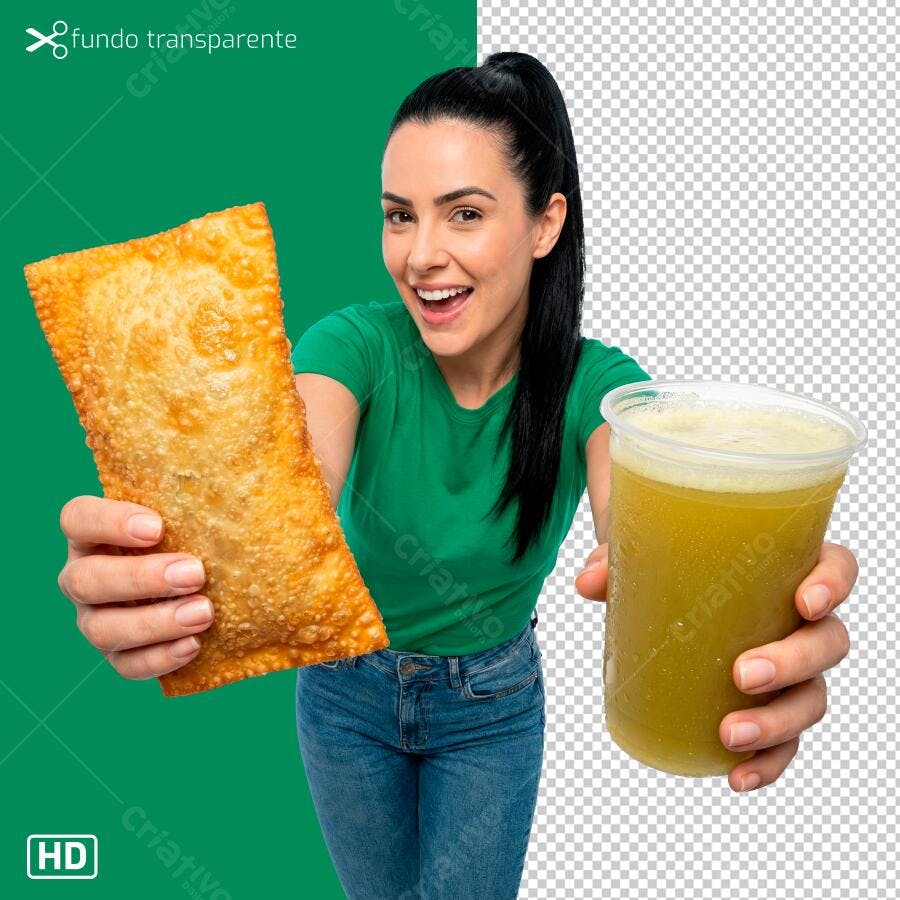 Imagem comercial mulher feliz pastel caldo de cana brasileiro PNG com fundo transparente