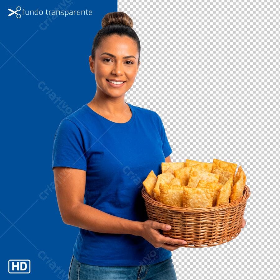 Imagem Mulher brasileira com pastéis em cesto azul e dourado PNG com fundo transparente