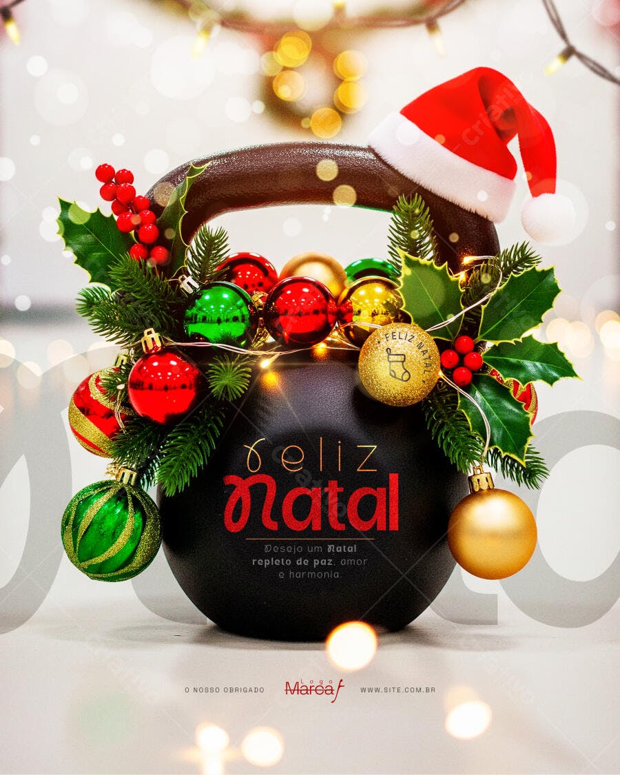 Flyer Digital Feliz Natal Kettlebell Decoração Festiva Vermelho Ouro PSD Editável