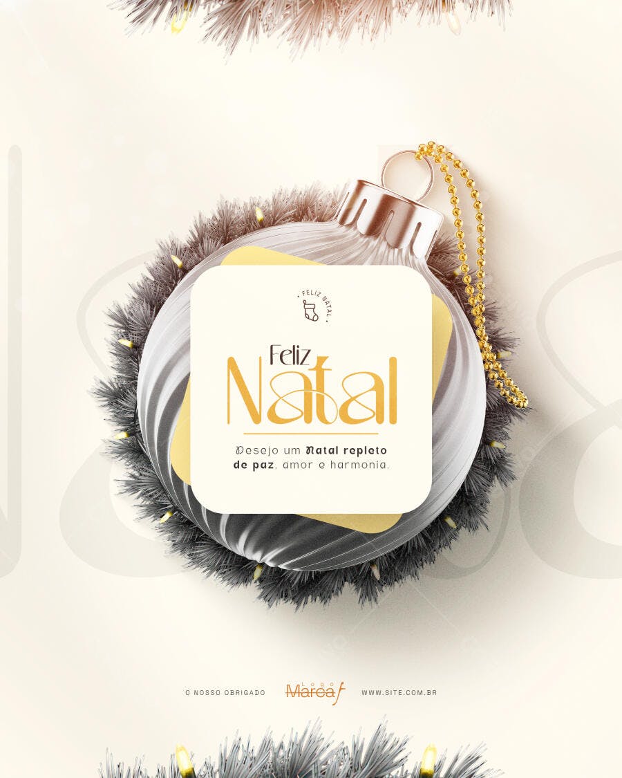 Post Redes Sociais Feliz Natal Elegante com Bola e Luzes PSD Editável