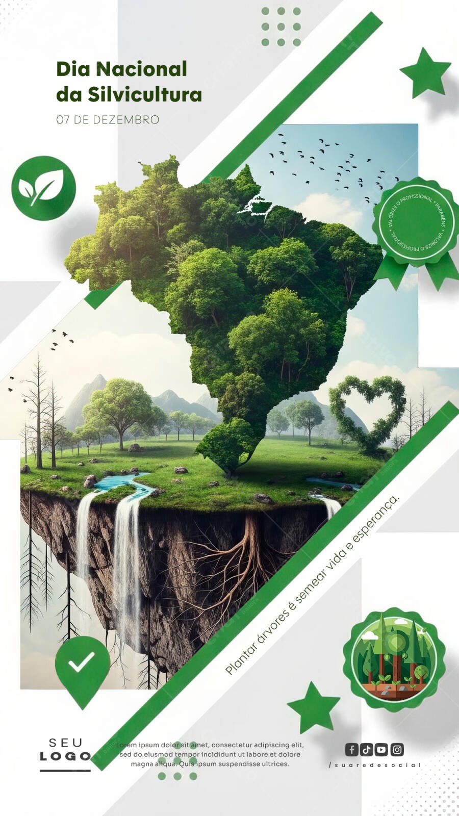 Flyer Social para Dia Nacional da Silvicultura com Mapa do Brasil Verde PSD Editável