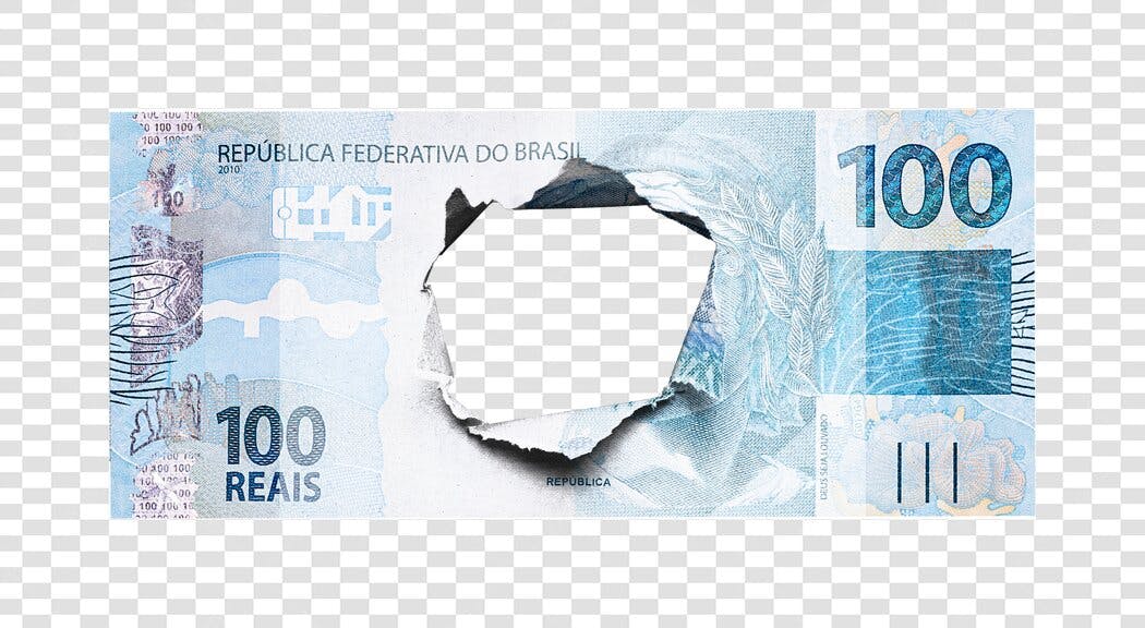 Cédula de 100 Reais rasgada perda financeira PNG com fundo transparente