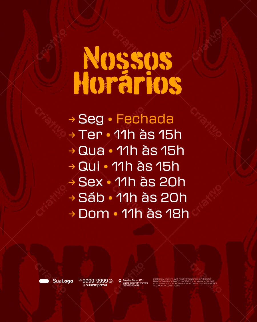 Flyer de Horários com Chamas para Negócios PSD Editável