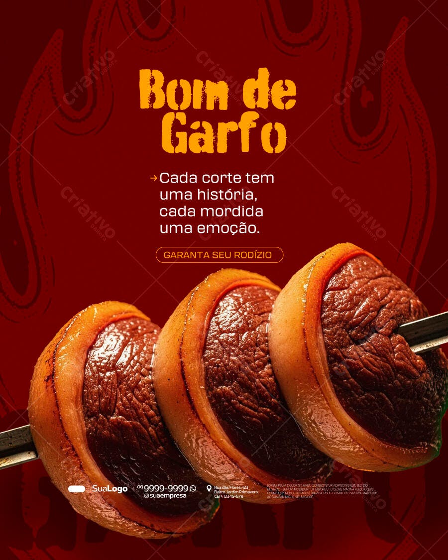 Flyer para Churrascaria Bom de Garfo Rodízio de Picanha PSD Editável