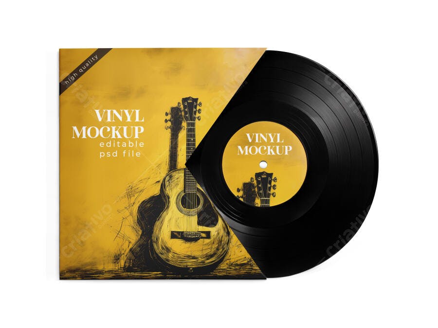 Mockup Realista de Disco de Vinil com Capa Musical Amarela e Ilustração de Guitarra