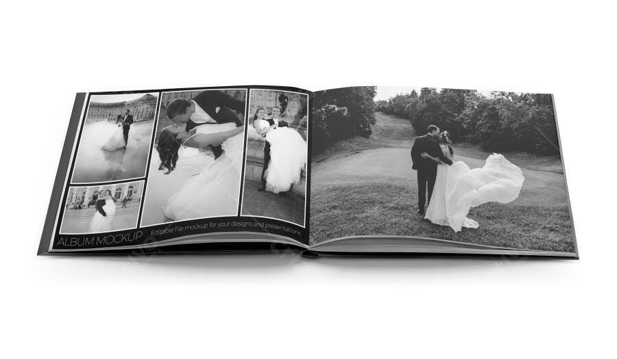 Mockup Realista de Álbum de Casamento Monocromático Capa Escura Aberto