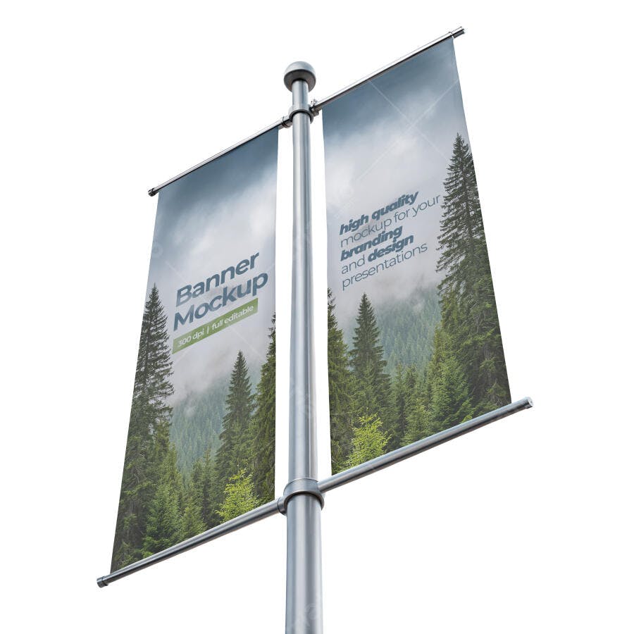 Mockup Realista de 2 Banners Verticais de Poste para Outdoor e Eventos