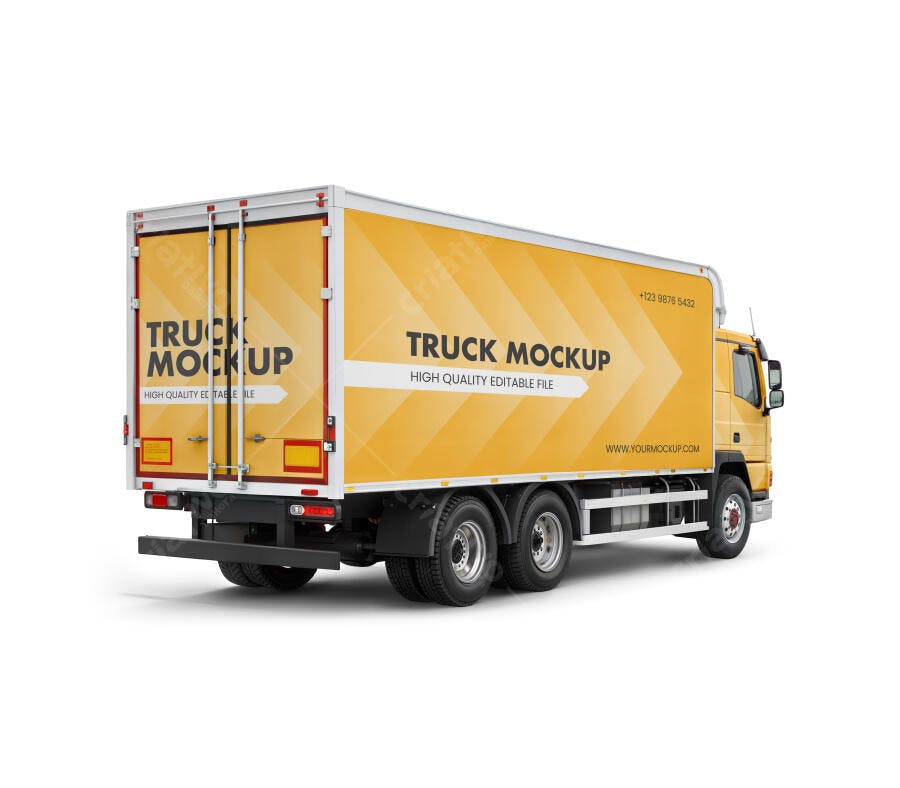 Mockup de Caminhão de Entrega Amarelo Vista Traseira 3/4 Realista
