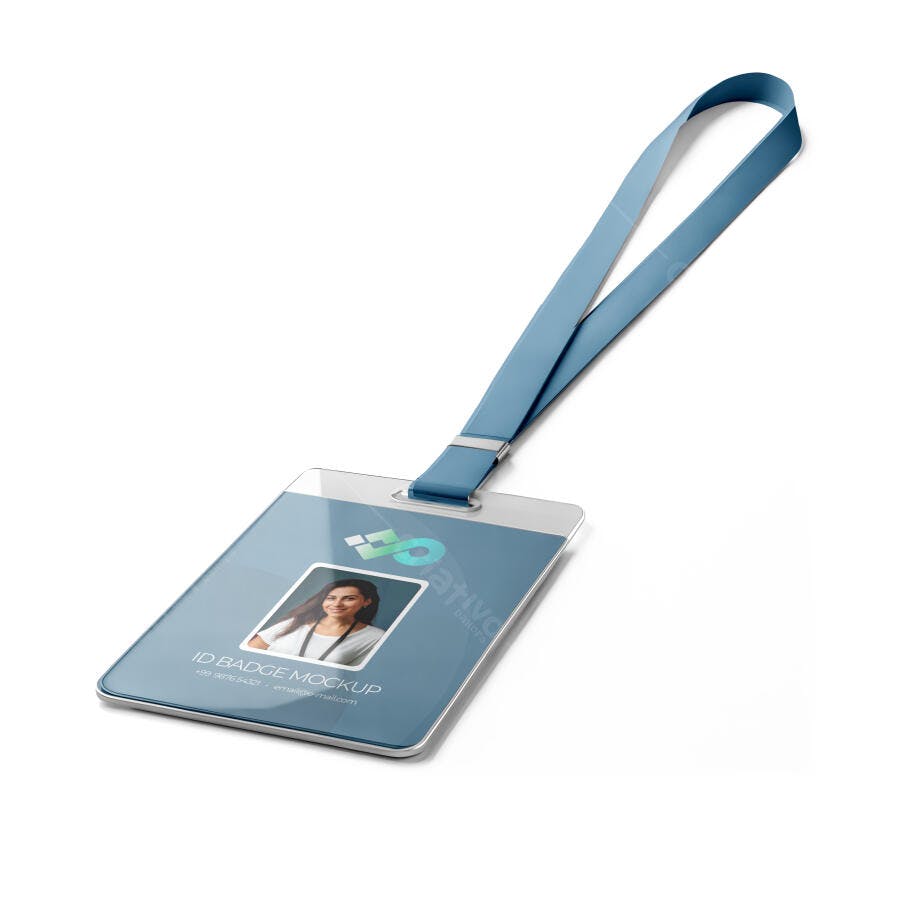 Mockup Crachá Identidade Azul Claro com Cordão para Mulher Profissional