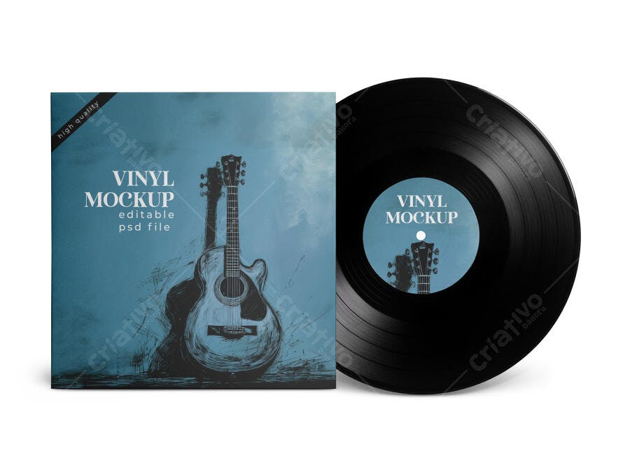 Mockup Realista de Vinil e Capa de Álbum Azul com Guitarra para Música Retro