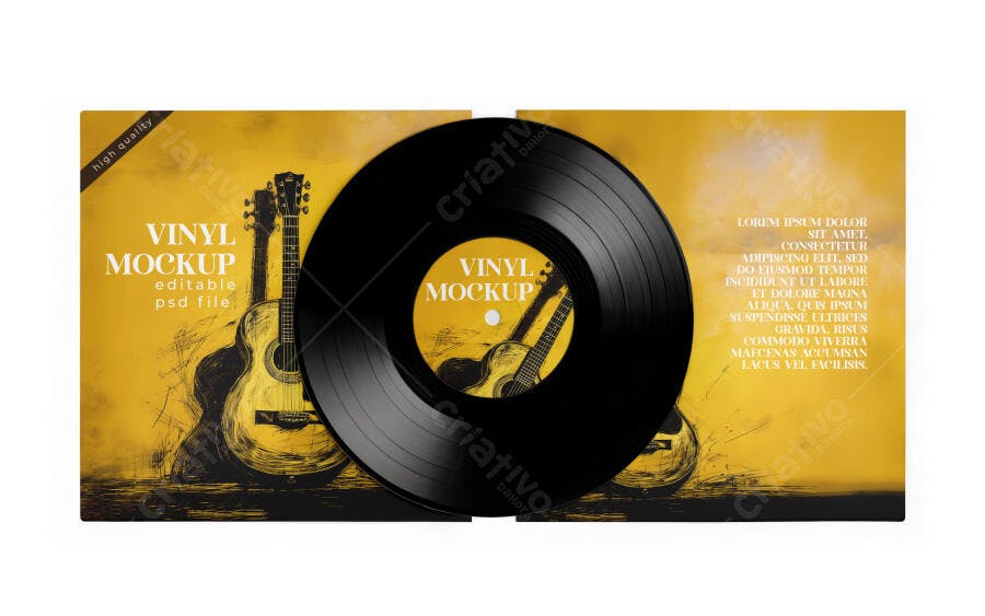 Mockup de Vinil e Capa Dupla Aberta com Arte de Guitarras Clássicas Amarelo Vintage