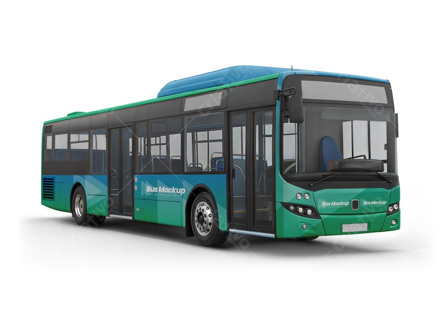 Mockup Realista de Ônibus Urbano Moderno Verde e Azul Isolado