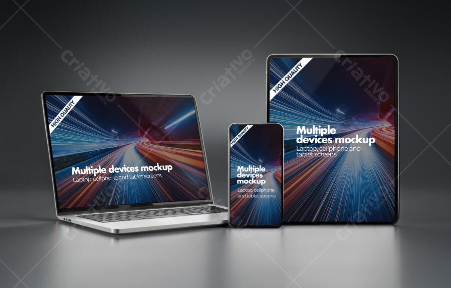 Mockup Moderno de Notebook, Celular e Tablet Prata para Display Digital