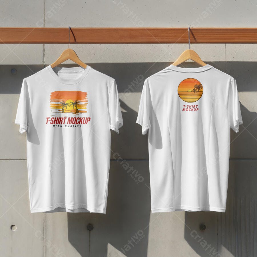 Mockup T-shirt Branca Frente e Verso em Cabides, Realista e Minimalista