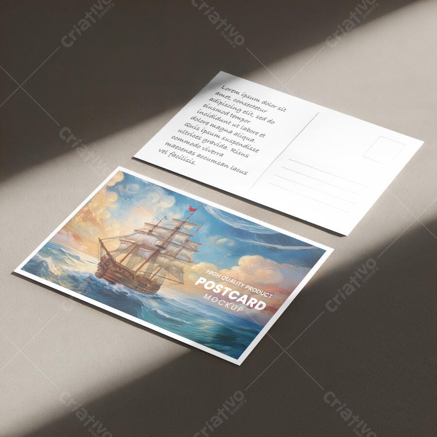 Mockup Cartão Postal Horizontal Realista Frente e Verso com Arte Clássica de Navio
