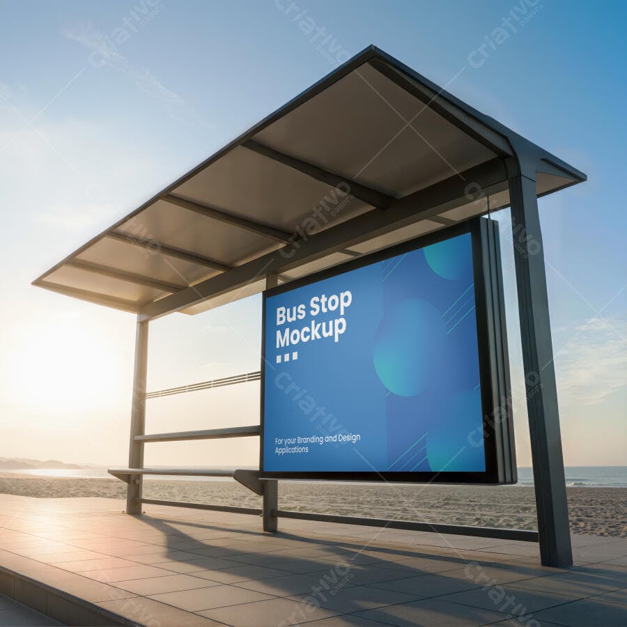 Mockup Painel Digital Parada Ônibus Praia Entardecer Realista Céu Azul