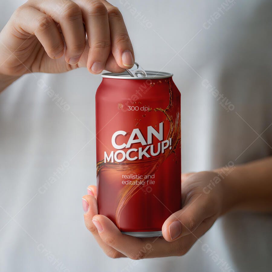 Mockup Realista de Lata de Refrigerante Vermelha Aberta por Mãos Femininas