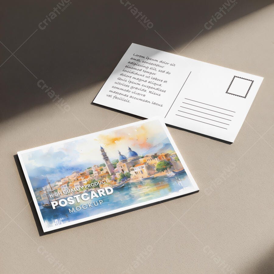 Mockup de Cartão Postal Horizontal Duplo Realista com Arte Aquarela e Verso Limpo