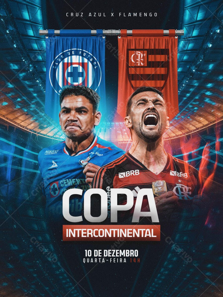 Flyer de Futebol Cruz Azul x Flamengo Copa Intercontinental PSD Editável