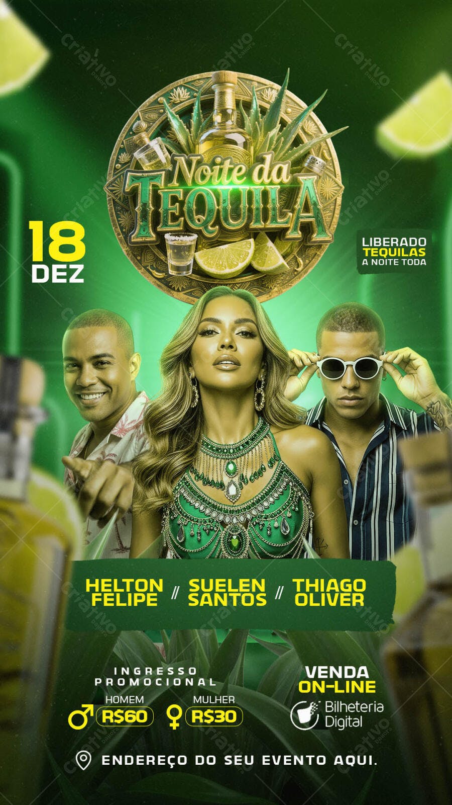 Flyer Noite da Tequila Festa com DJs e Venda Online PSD Editável