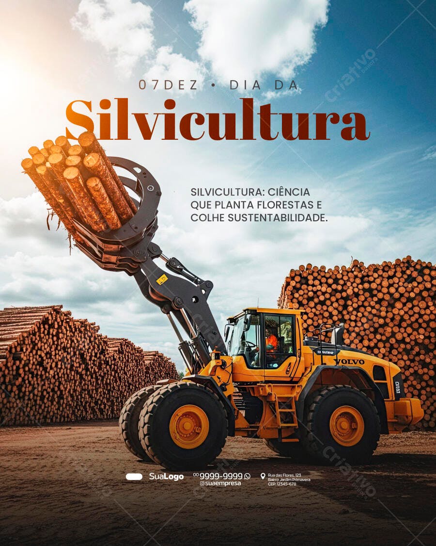 Flyer Dia da Silvicultura Máquina Volvo e Toras PSD Editável