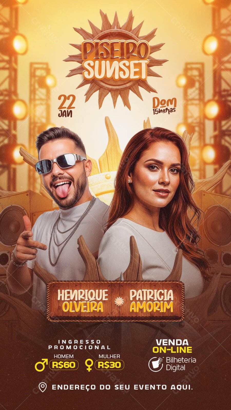 Flyer de Festa Piseiro Sunset com Henrique Oliveira e Patricia Amorim PSD Editável