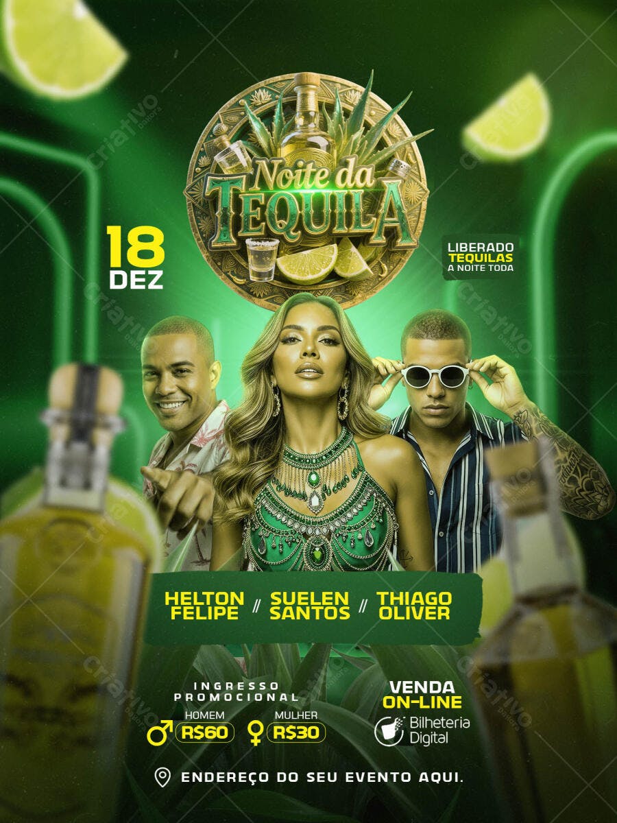 Flyer de Festa Noite da Tequila com Mulher de Joia e Bebidas Verdes PSD Editável
