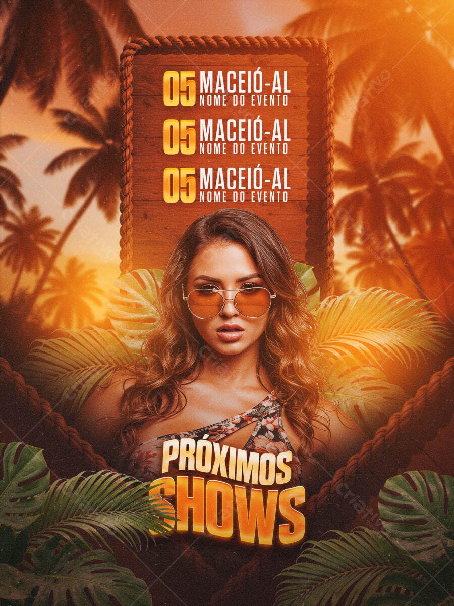 Flyer Evento Tropical Shows Mulher Óculos Sol Palmeiras PSD Editável