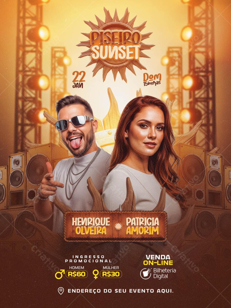 Flyer Piseiro Sunset com Henrique e Patricia PSD Editável