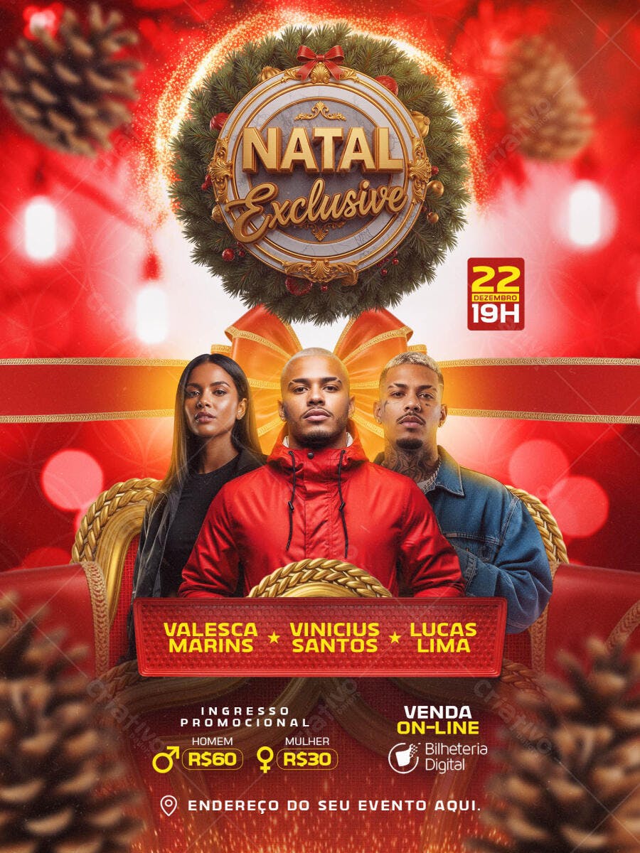 Flyer Festa Natal Exclusive com Valesca Marins e DJs PSD Editável