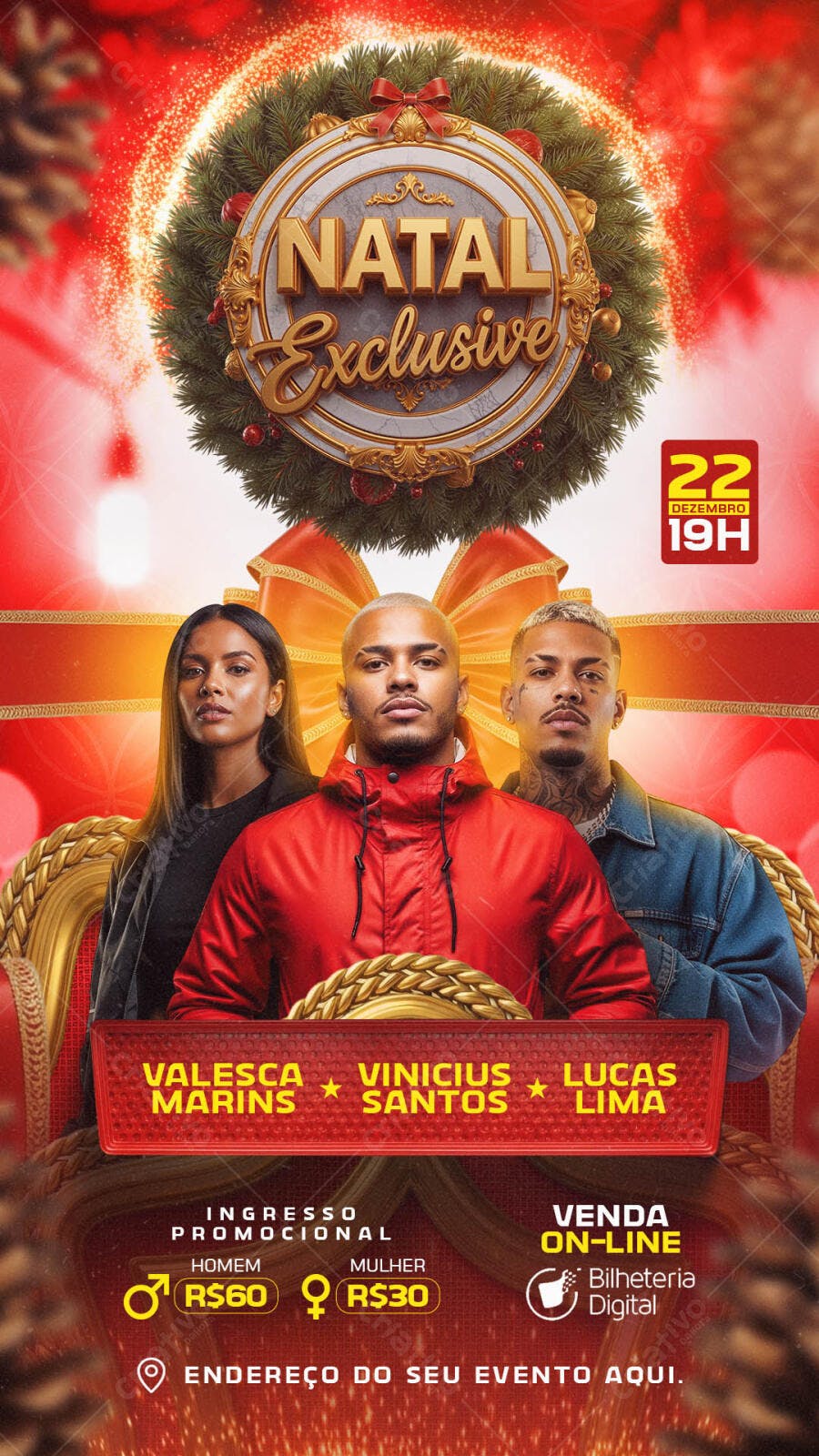 Flyer de Festa Natal Exclusive com Artistas 22 Dezembro PSD Editável